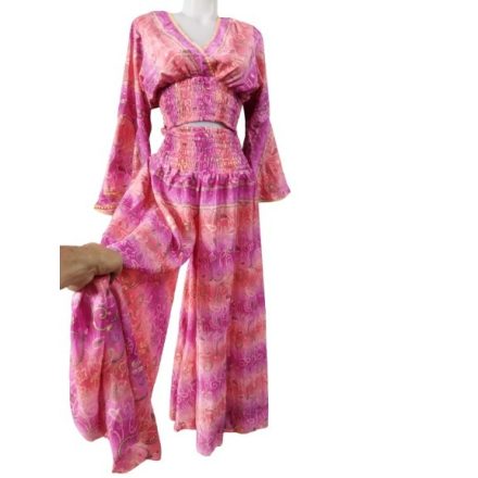 Női M-es pink-arany paisley mintás selyem kétrészes együttes - Boho Fashion - ÚJ