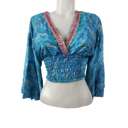 Női L-es kék paisley mintás selyem török mintás top - Boho Fashion - ÚJ