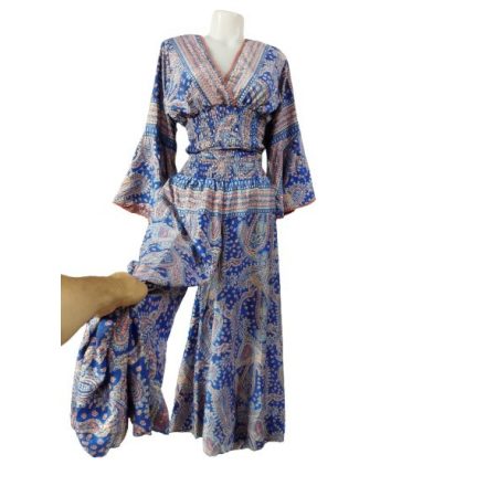 Női M-es kék-piros-arany paisley mintás selyem kétrészes együttes - Boho Fashion - ÚJ