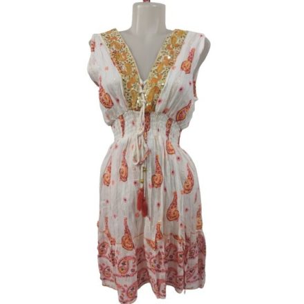 Női egyméretes fehér-narancssárga arany flitteres nepáli, indiai ruha - Boho Alta Moda - ÚJ