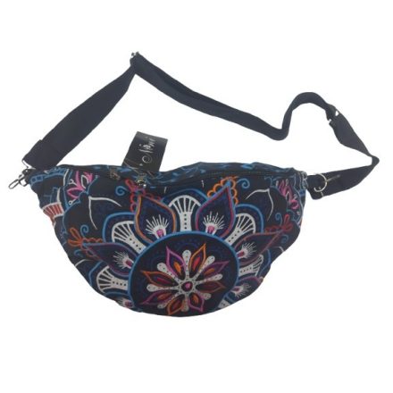 Bohém mintás fekete-kék nepáli hímzett nagyméretű vászon övtáska, vagy oldaltáska - ÚJ 