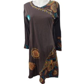   Női S-M-es barna bohém hímzett vastagabb pamut ruha - Nini - ÚJ