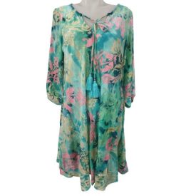   Női zöld mintás selyem tunika, miniruha, one size - Nini - ÚJ
