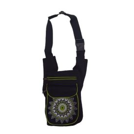   Fekete-zöld mandalás textil övtáska, nepáli vászon oldaltáska, vagy övtáska - Nini - ÚJ 