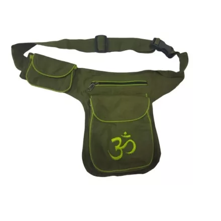 Bohém OM mintás nepáli hímzett vászon övtáska, textil táska, khaki - ÚJ 