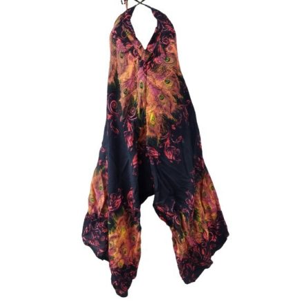Női fekete-piros tűzmintás, pávamintás playsuit, nyári overall - Nini - ÚJ