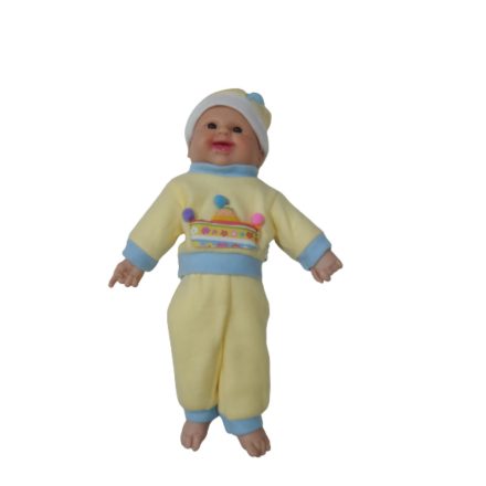 45 cm-es élethű nevető baba, sárga ruhás - ÚJ