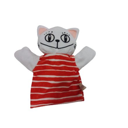 Fehér-piros cica, macska kézbáb, báb