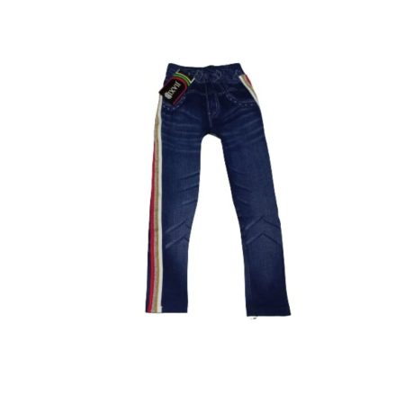 116-122-es kék, oldalt csíkos farmer hatású, kicsit vastagabb leggings - ÚJ