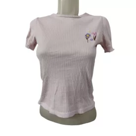 158-as rózsaszín bordás virágos póló - Reserved