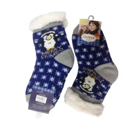   32-35-ös kék pingvines, hópelyhes szőrmés téli karácsonyi thermo zokni - ÚJs csúszásgátl