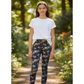 164-es fekete virágos flamingós leggings - Reserved