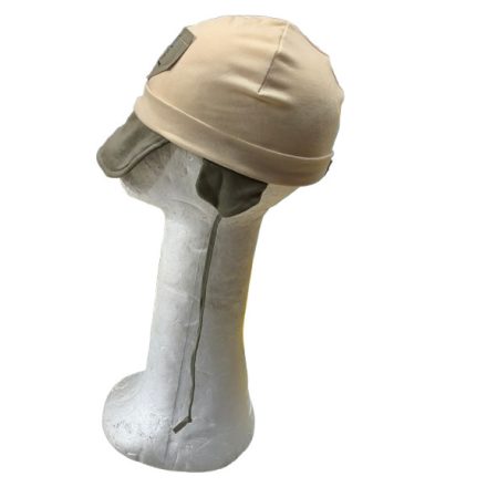 50-52 cm-es fejre drapp-khaki füles-kötős pamut sapka - ÚJ
