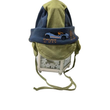 42-44 cm-es fejre kék-khaki füles-kötős pamut sapka - ÚJ