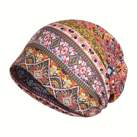 Női sárga-piros bohém mintás beanie sapka - ÚJ 