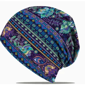   Női lila virágos bohém mintás multifunkiós beanie sapka (vagy körsál, fejpánt, stb) - ÚJ 