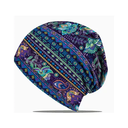 Női lila virágos bohém mintás multifunkiós beanie sapka (vagy körsál, fejpánt, stb) - ÚJ 