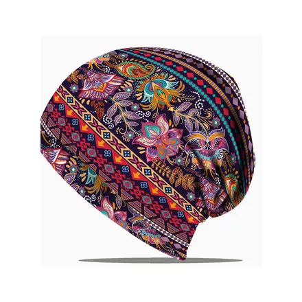Női pink-lila virágos bohém mintás multifunkiós beanie sapka (vagy körsál, fejpánt, stb) - ÚJ 