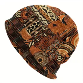   Barna-narancssárga Funky mintás, etnikai mintás unisex bohém beanie sapka - ÚJ 