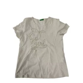 158-164-es fehér-arany csíkos feliratos póló - Benetton