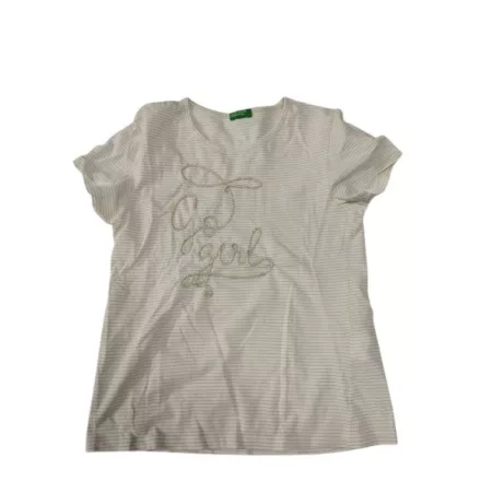 158-164-es fehér-arany csíkos feliratos póló - Benetton