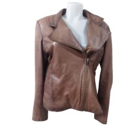 Női 3XL-es barna valódi bőrdzseki, rövid kabát - Diego