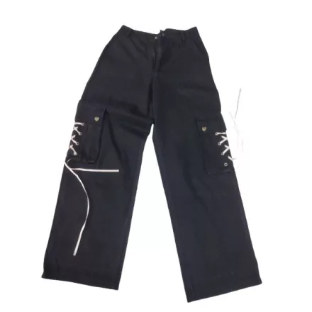  Női XS-es fekete fűzős lábszárú magasított derekú, bőszárú farmernadrág 