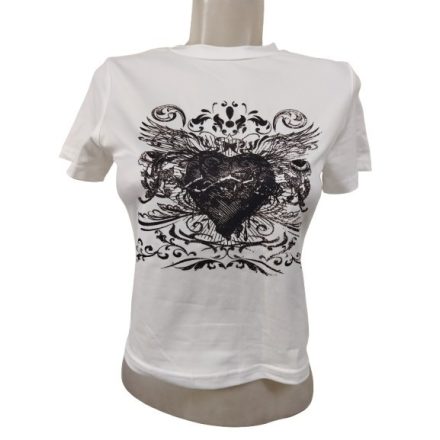 Női XS-es fehér szív mintás v-nyakú top, póló - Shein - ÚJ