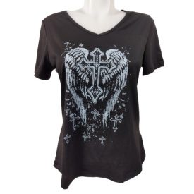   Női S-es fekete v-nyakú angyalszárnyas-keresztes mintájú póló - Shein - ÚJ