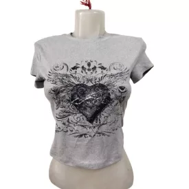 Női XS-es szürke szív mintás top, póló - Shein - ÚJ