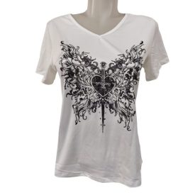   Női S-es fehér v-nyakú kardos-szíves mintájú póló - Shein - ÚJ