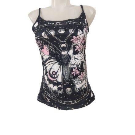Női M-es fekete koponyás-pillangós pántos póló - ÚJ