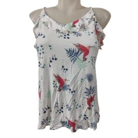 Női L-es fehér virágos pántos pamut póló - Promod