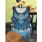 Női XL-XXL-es kék baglyos-tollas ujjatlan póló - ÚJ