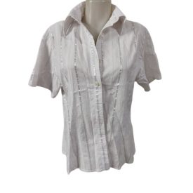 Női 4XL-es fehér szaténcsíkos rövid ujjú blúz 