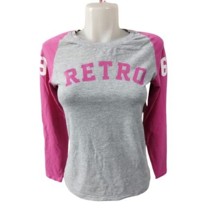 Női M-es szürke-pink feliratos pamutfelső, hosszú ujjú felső - Retro