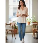 Női L-es rózsaszín fodros szegélyű feles ujjú blúz - H&M