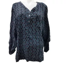   Női 3XL-es fekete-türkiz körmintás, mandalamintás hosszú ujjú blúz