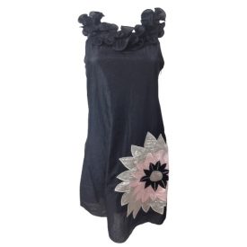   Női S-es fekete selyem hatású virágos fodros alkalmi ruha - Stella