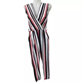  Női S-es fekete-piros-fehér jersey playsuit, nyári overall
