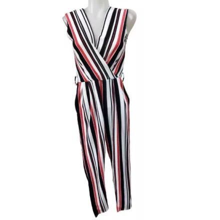 Női S-es fekete-piros-fehér jersey playsuit, nyári overall
