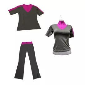   Női M-es khaki-pink 3 részes sport szett, fitness ruha - 2 póló, 1 nadrág