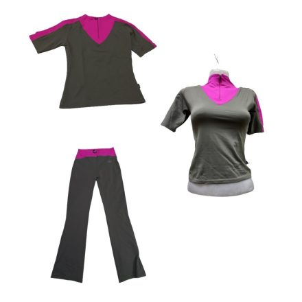 Női M-es khaki-pink 3 részes sport szett, fitness ruha - 2 póló, 1 nadrág