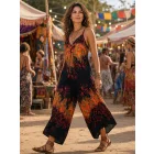 Női fekete-piros tűzmintás, pávamintás playsuit, nyári overall - Nini - ÚJ