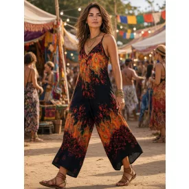   Női fekete-piros tűzmintás, pávamintás playsuit, nyári overall - Nini - ÚJ