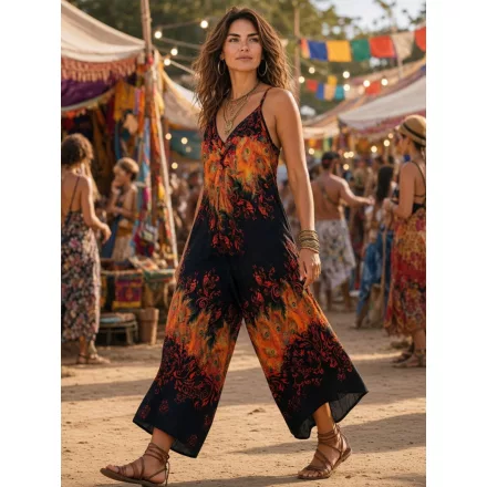 Női fekete-piros tűzmintás, pávamintás playsuit, nyári overall - Nini - ÚJ