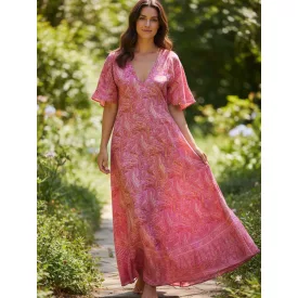   Női rózsaszín-arany rövid ujjú selyem hosszú ruha, maxi ruha - Boho Fashion - ÚJ