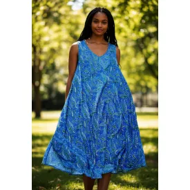 Női kék-arany ujjatlan selyem ruha - Boho Fashion - ÚJ