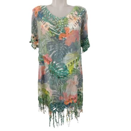 Női zöld-narancssárga mintás rojtos aljú blúz, strandruha, tunika, one size - ÚJ