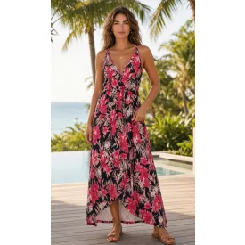   Női XL-es fekete-pink virágos rafinált nyári overall, playsuit - Shein